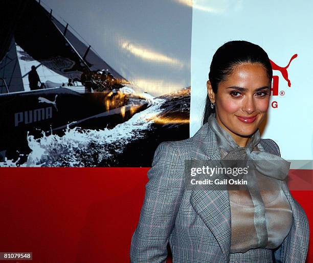 Selma Hayek attends the unveiling of the PUMA Ocean Racing Boat with Selma Hayek on May 12, 2008 at the Institute of Contemporary Art - Boston, in...