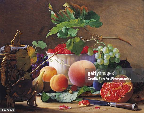 illustrazioni stock, clip art, cartoni animati e icone di tendenza di a still life of figs, peaches, pomegranates and raspberries - still life