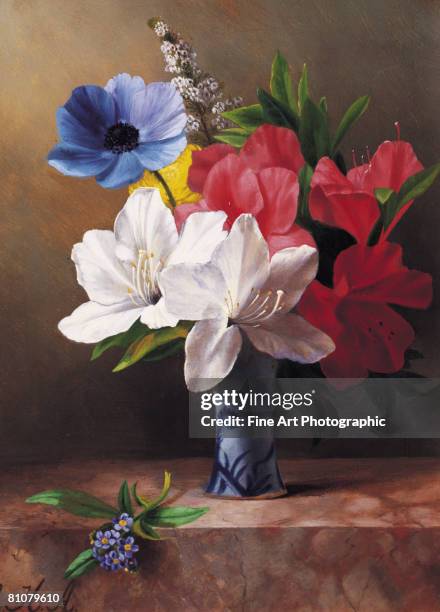 flowers in a blue vase - poppies in vase stock illustrations