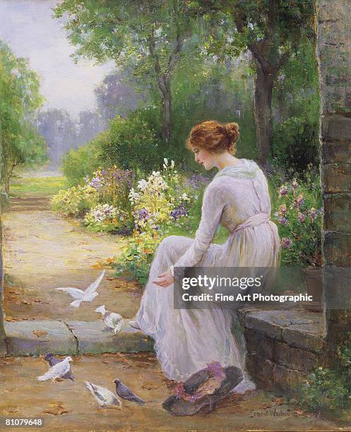 stockillustraties, clipart, cartoons en iconen met feeding the doves - edwardiaanse stijl