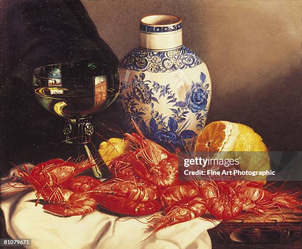 still life with prawns - archival alcohol stock illustrations