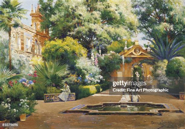 stockillustraties, clipart, cartoons en iconen met a garden in seville, spain - edwardiaanse stijl