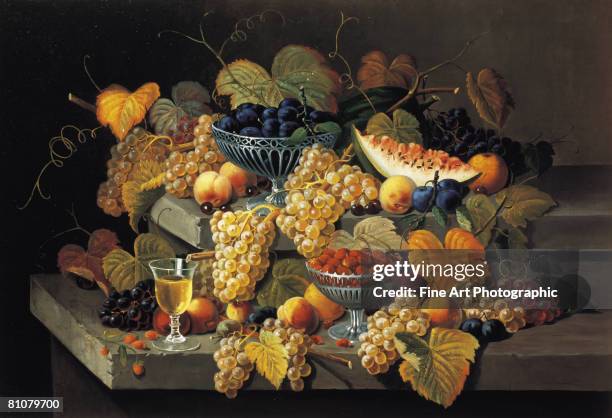 a still life of melon, cherries and strawberries - 1840s stock illustrations