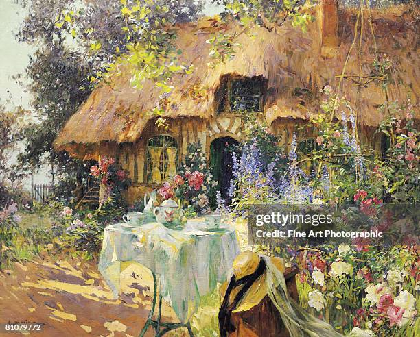 un jour et ete - thatched cottage stock illustrations