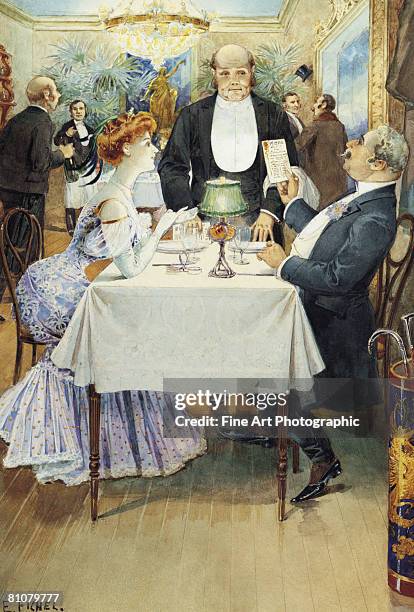 au restaurant - 1860s men stock illustrations