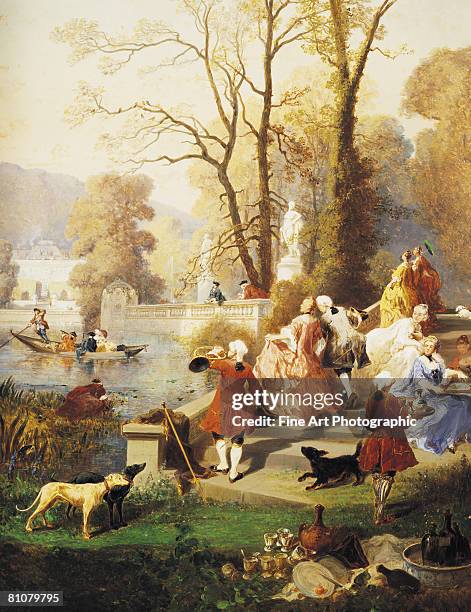 les elegantes a versailles - frauen hund park stock-grafiken, -clipart, -cartoons und -symbole