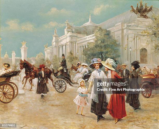 a rendez-vous near the grand palais, paris - 1910 stock illustrations