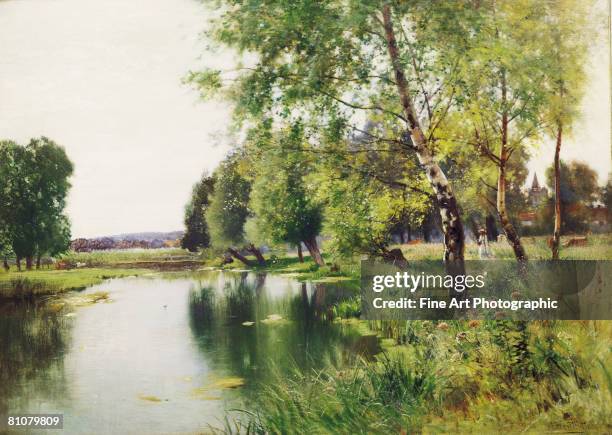 a river landscape in summer - mensch im hintergrund stock-grafiken, -clipart, -cartoons und -symbole