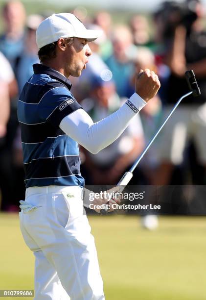 Benjamin Hebert of France celebrates holing a putt during day three of the Dubai Duty Free Irish Open at Portstewart Golf Club on July 8, 2017 in...
