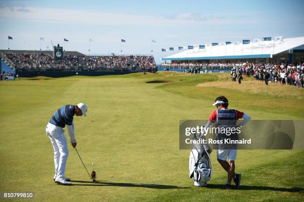 Benjamin Hebert of France hits his third shot on the 18th hole during day three of the Dubai Duty Free Irish Open at Portstewart Golf Club on July 8,...