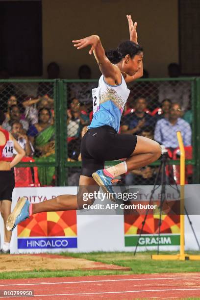 India's Vidusha Lakhmani competes in the womens Triple Jump event to win the Bronze Medal, during the third day of the 22nd Asian Athletics...