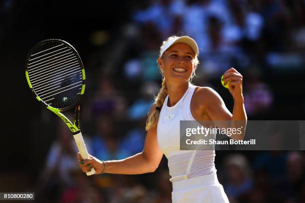 Caroline Wozniacki of Denmark celebrates victory after her Ladies Singles third round match against Anett Kontaveit of Estonia on day six of the...