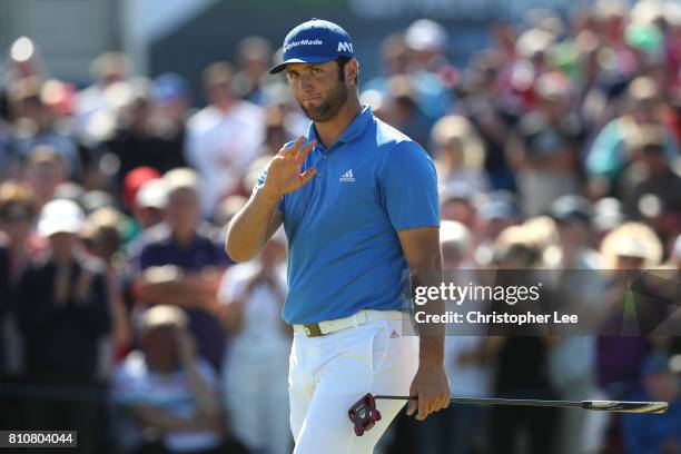 Jon Rahm of Spain acknowledges the crowd on the 18th green during day three of the Dubai Duty Free Irish Open at Portstewart Golf Club on July 8,...