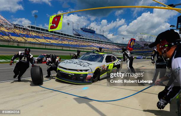 William Byron, driver of the Axalta/Mansea Metal Chevrolet, pits during the NASCAR XFINITY Series Alsco 300 at Kentucky Speedway on July 8, 2017 in...