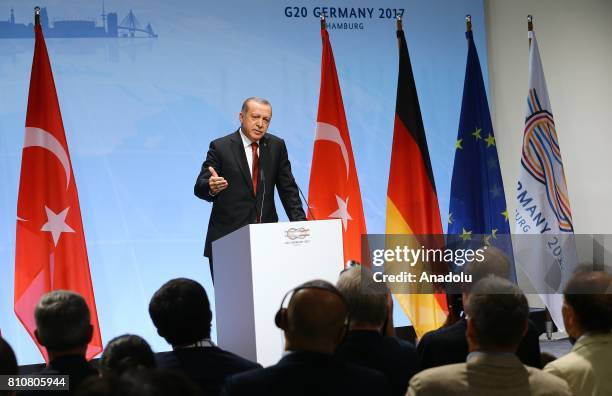 Turkish President Recep Tayyip Erdogan holds a press conference after the G20 Leaders' Summit in Hamburg, Germany on July 08, 2017. Germany is...