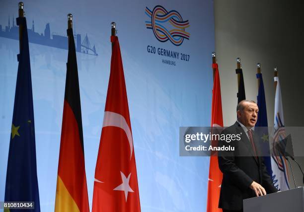 Turkish President Recep Tayyip Erdogan holds a press conference after the G20 Leaders' Summit in Hamburg, Germany on July 08, 2017. Germany is...