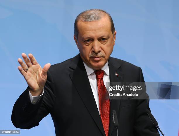 Turkish President Recep Tayyip Erdogan gestures as he holds a press conference after the G20 Leaders' Summit in Hamburg, Germany on July 08, 2017....