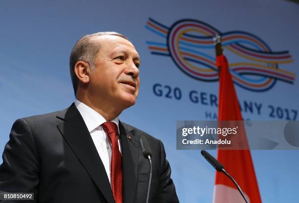 Turkish President Recep Tayyip Erdogan holds a press conference after the G20 Leaders' Summit in Hamburg, Germany on July 08, 2017. Germany is...