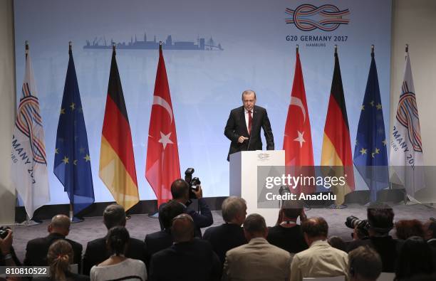 Turkish President Recep Tayyip Erdogan holds a press conference after the G20 Leaders' Summit in Hamburg, Germany on July 08, 2017. Germany is...