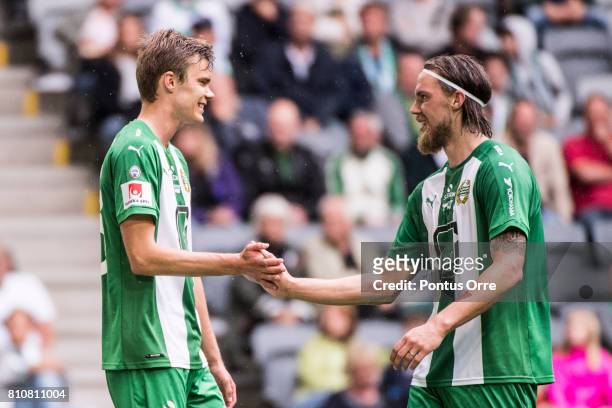 Marcus Degerlund and Bjørn Paulsen of Hammarby IF during the Allsvenskan match between Hammarby IF and Orebro SK at Tele2 Arena on July 8, 2017 in...