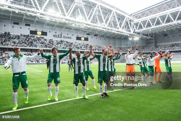 Team of Hammarby IF celebrates his team's victory after the the Allsvenskan match between Hammarby IF and Orebro SK at Tele2 Arena on July 8, 2017 in...