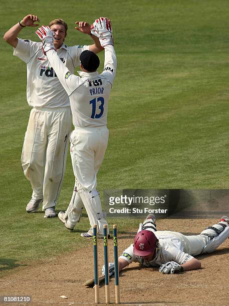 Sussex off-spinner Oliver Rayner celebrates with wicketkeeper Matt Prior after Somerset batsman Neil Edwards was run out on 99 during day one of the...