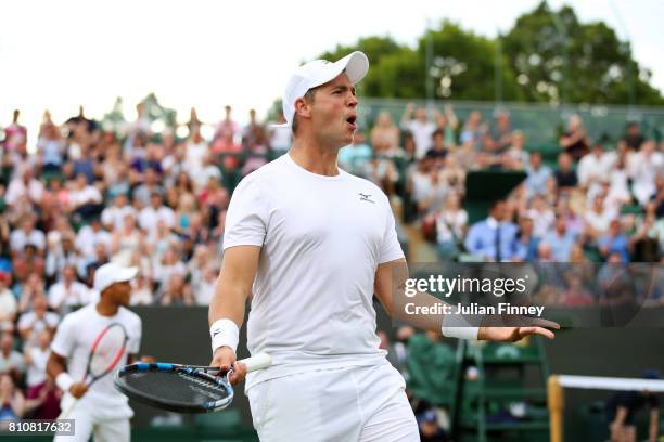 Marcus Willis of Great Britain celebrates during the Gentlemen's Doubles second round match with Jay Clarke of Great Britain against Pierre-Hugues...