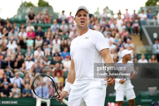 Marcus Willis of Great Britain celebrates during the Gentlemen's Doubles second round match with Jay Clarke of Great Britain against Pierre-Hugues...