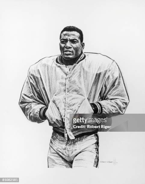 Illustration of American football player Jim Brown as he stands with his hands in the pockets of his jacket, late 1950s or mid 1960s.