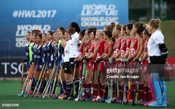 Bothe team line up for the national anthems during day 1 of the FIH Hockey World League Semi Finals Pool B match between United States of America and...