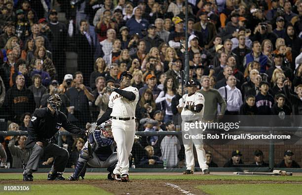 Barry Bonds of the San Francisco Giants hits his record breaking 756 career home run breaking the mark of Hank Aaron against the Washington Nationals...