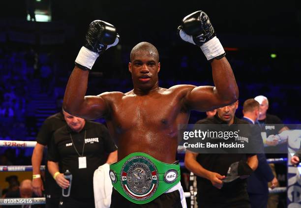 Daniel Dubois of Great Britain celebrates after defeating Mauricio Barragan of Uruguay in their WBC World Youth Heavyweight Championship bout at...