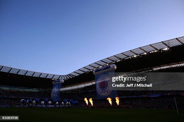 Flames go off ahead of the UEFA Cup Final between Zenit St. Petersburg and Glasgow Rangers at the City of Manchester Stadium on May 14, 2008 in...