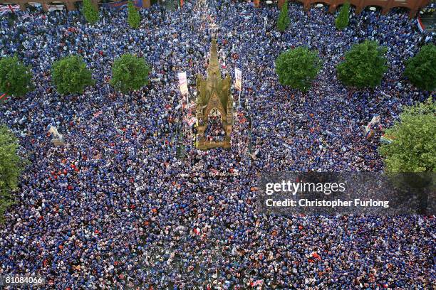 Rangers fans gather in Manchester's Albert Square for the Uefa Cup final May 14, 2008 in Manchester, England. Thousands of fans descend on the city...