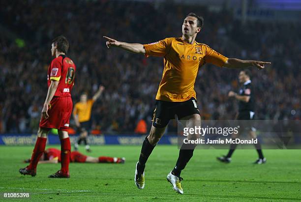 Richard Garcia celebrates scoring the third goal for Hull during the Championship Playoff Semi Final, 2nd Leg match between Hull City and Watford at...