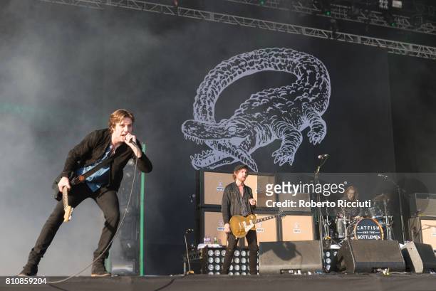 Van McCann, Johnny Bond and Jon Barr of British rock band Catfish and the Bottlemen perform on stage during TRNSMT Festival Day 2 at Glasgow Green on...