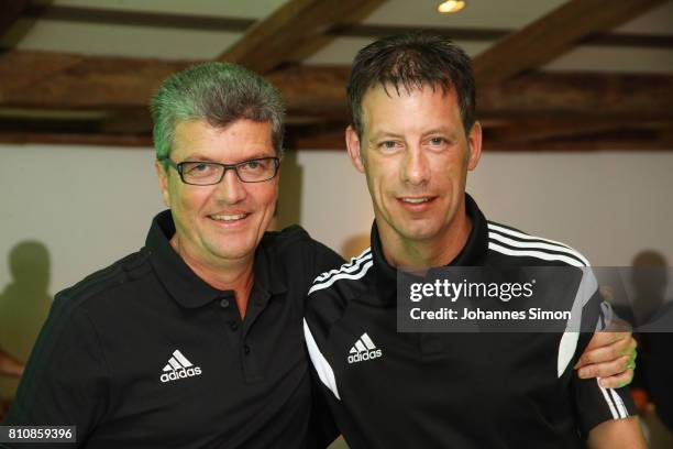 Referee Wolfgang Stark , awarded as referee of the year 2017, is hugged by Herbert Fandel during the awarding ceremony on July 8, 2017 in Grassau,...