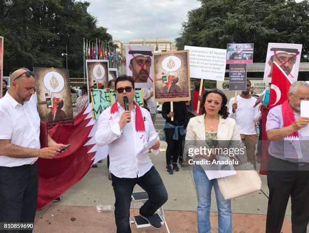 Protester speaks during a demonstration against some Arab countries' diplomatic blockade on Qatar at Broken Chair Monument outisde of the United...