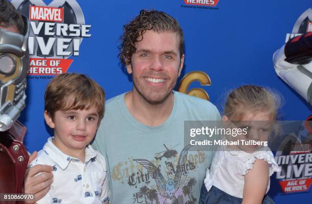 Perez Hilton and family attend the world premiere of Marvel Universe Live! Age Of Heroes at Staples Center on July 8, 2017 in Los Angeles, California.