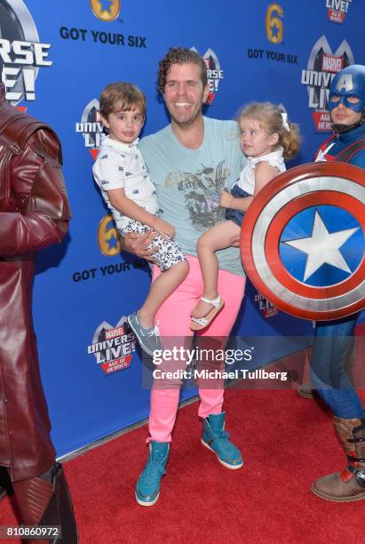 Perez Hilton and family attend the world premiere of Marvel Universe Live! Age Of Heroes at Staples Center on July 8, 2017 in Los Angeles, California.