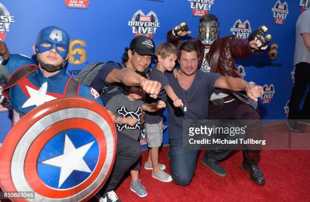 Actors Will Yun Lee and Nick Lachey and families attend the world premiere of Marvel Universe Live! Age Of Heroes at Staples Center on July 8, 2017...