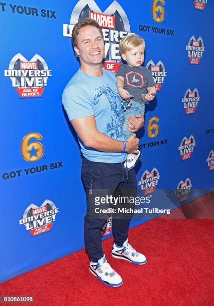 Actor Scott Porter and son McCoy Porter attend the world premiere of Marvel Universe Live! Age Of Heroes at Staples Center on July 8, 2017 in Los...