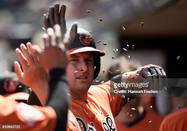 Mark Trumbo of the Baltimore Orioles celebrates hitting a solo home run against the Minnesota Twins during the eighth inning of the game on July 8,...