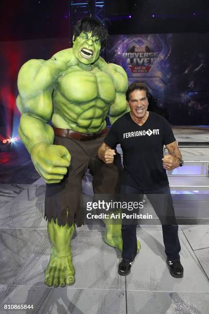 The Incredible Hulk and Actor Lou Ferrigno attend Marvel Universe LIVE! Age Of Heroes World Premiere Celebrity Red Carpet Event at Staples Center on...