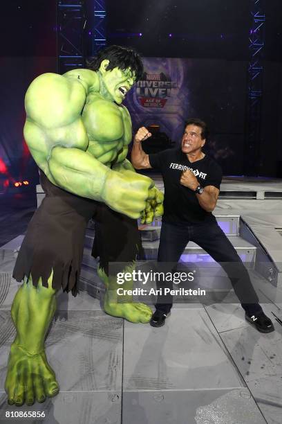 The Incredible Hulk and Actor Lou Ferrigno attend Marvel Universe LIVE! Age Of Heroes World Premiere Celebrity Red Carpet Event at Staples Center on...