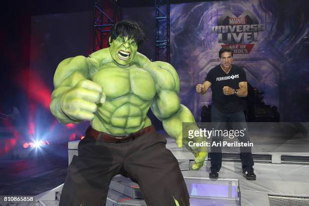 The Incredible Hulk and Actor Lou Ferrigno attend Marvel Universe LIVE! Age Of Heroes World Premiere Celebrity Red Carpet Event at Staples Center on...