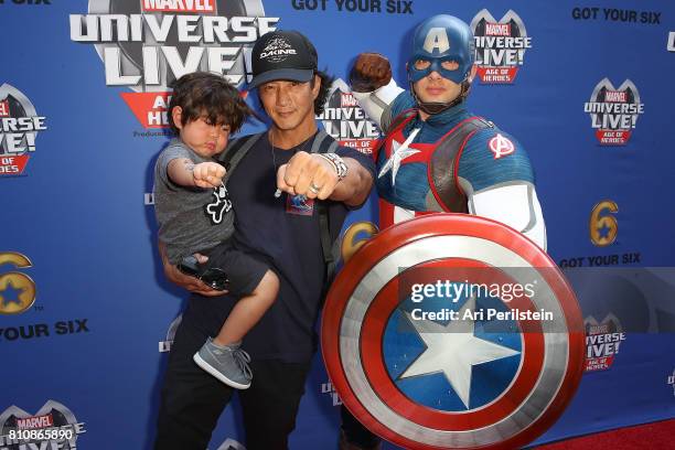 Actor Will Yun Lee and son Cash arrive at Marvel Universe LIVE! Age Of Heroes World Premiere Celebrity Red Carpet Event at Staples Center on July 8,...