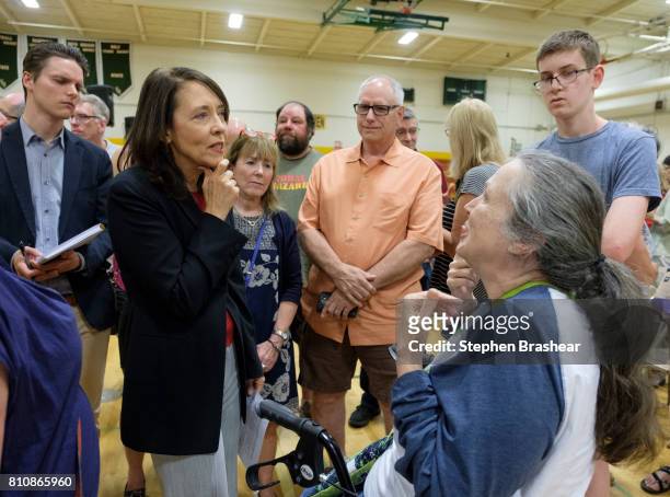 Sen. Maria Cantwell talks with constituents after a town hall at Evergreen High School, on July 8, 2017 in Seattle, Washington. The town hall,...
