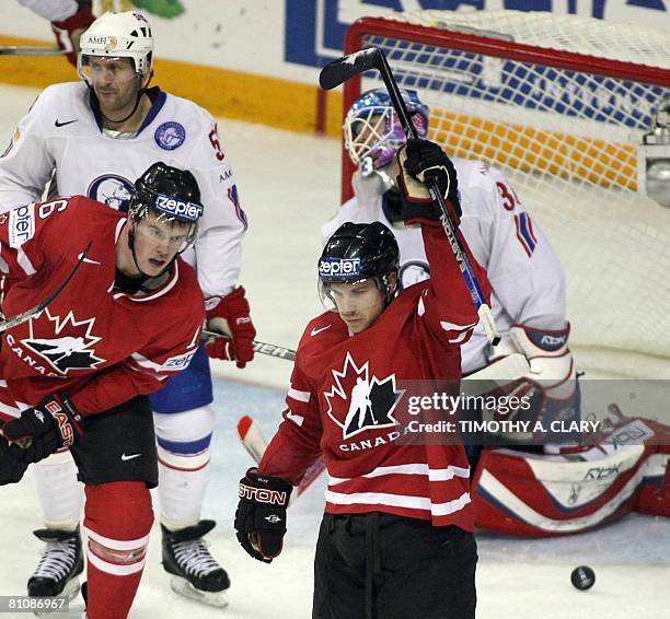 Canada's Derek Roy celebrates after his 3rd goal against Norway during the quarterfinals of the 2008 IIHF World Hockey Championships at the Halifax...