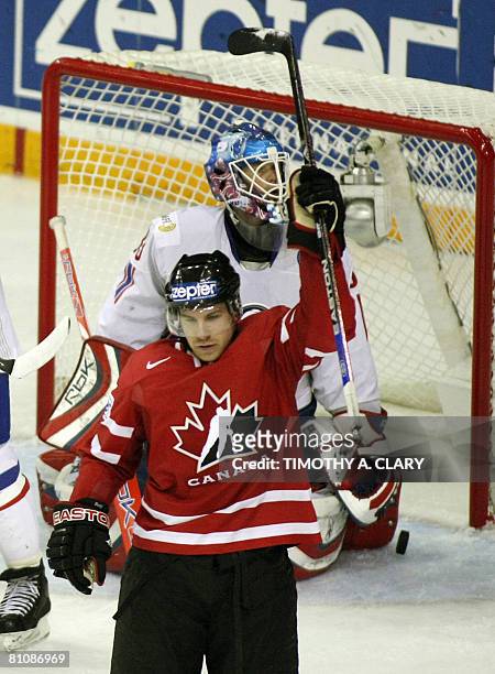 Canada's Derek Roy celebrates after his 3rd goal against Norway during the quarterfinals of the 2008 IIHF World Hockey Championships at the Halifax...